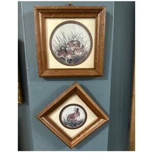 Vintage Pair Of Kay Shannon Bunny Rabbit Litho Pictures Wall Hangings Wood Frame